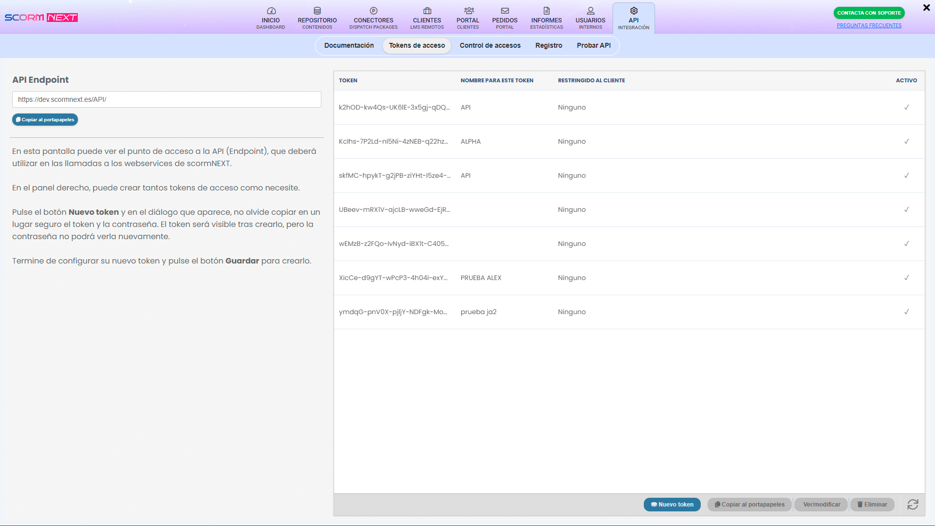 Interface de configuración de la API SCORM